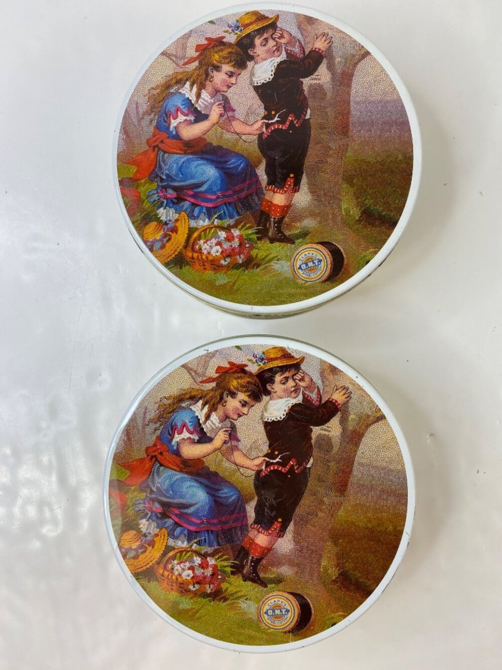 Coats & Clark 1890s O.N.T Spool Cotton Trade Card Repro 2 Round Tin Box Set